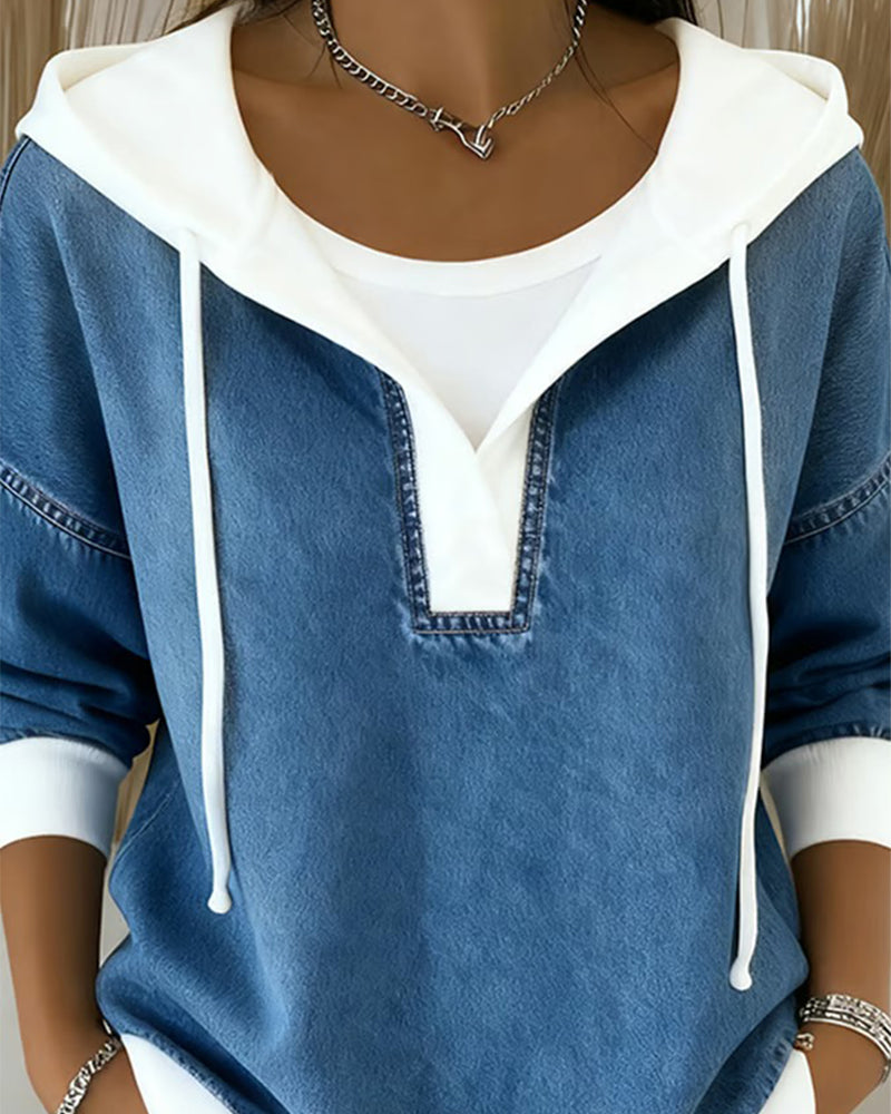 Hooded sweatshirt with drawstrings and denim panels