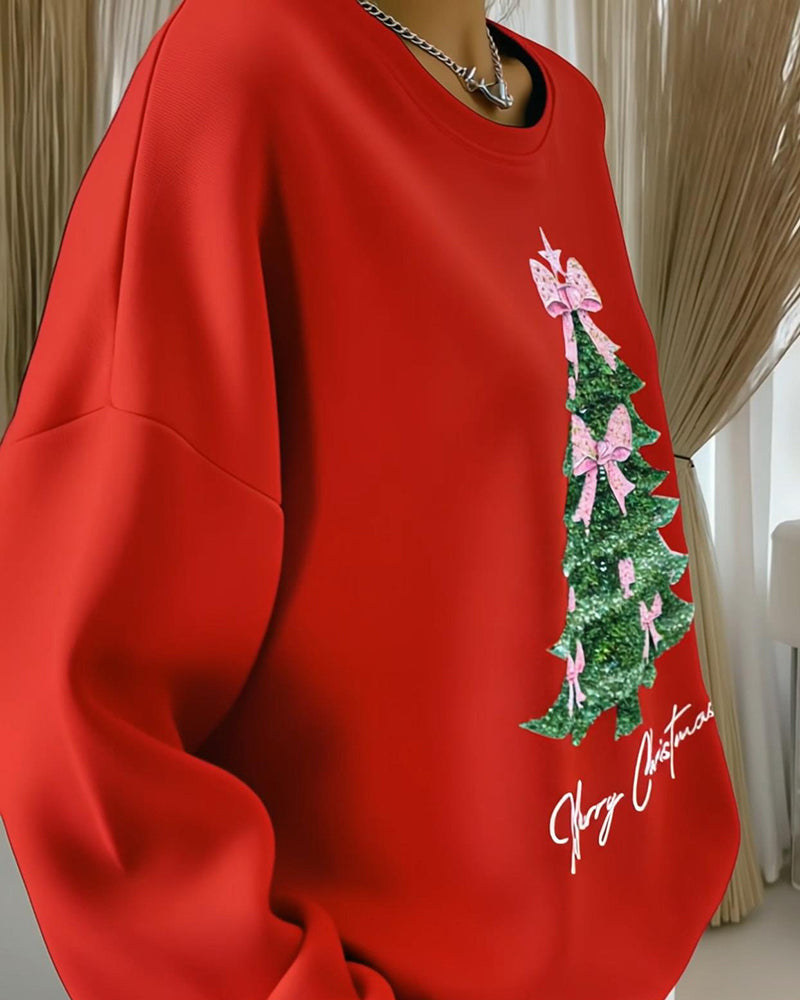 Round neck, long-sleeved sweater with Christmas print