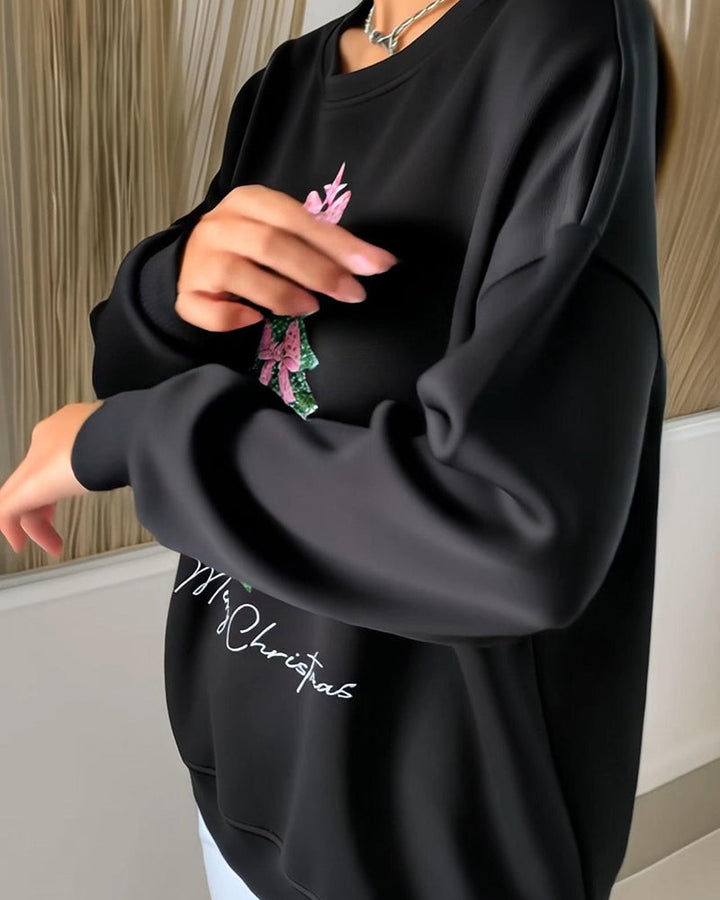 Round neck, long-sleeved sweater with Christmas print